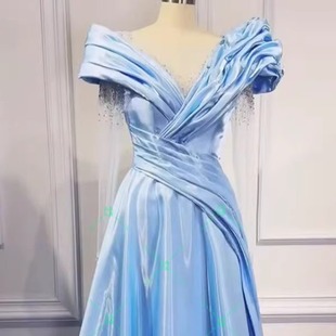 显瘦 定制蓝色水光缎声乐礼服学生艺考生舞台歌唱演出服音乐会修身