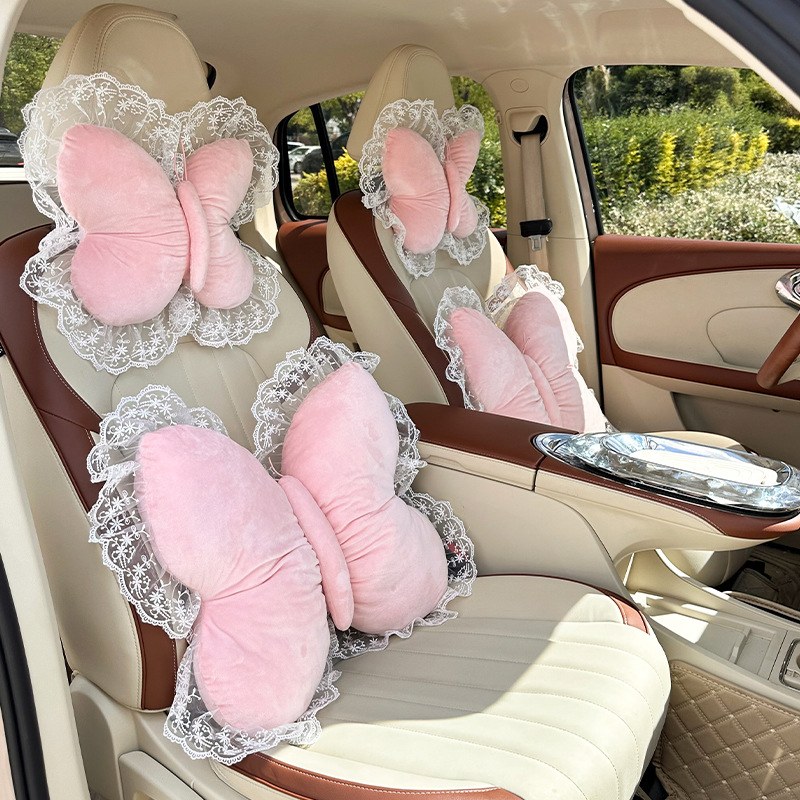 汽车头枕四季通用可爱蝴蝶结车用座椅护颈枕靠枕冬季毛绒车载腰靠