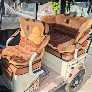 三轮车加厚毛绒坐垫冬季保暖垫靠背一体后排防寒卡通坐垫改造通用