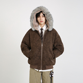 NineteenAutumn座山雕毛领连帽外套宽松潮牌pu皮荔枝软皮棉衣男女