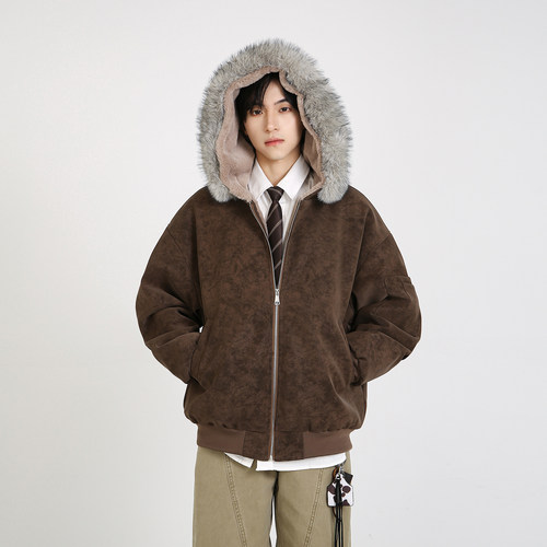 座山雕毛领连帽外套棉衣