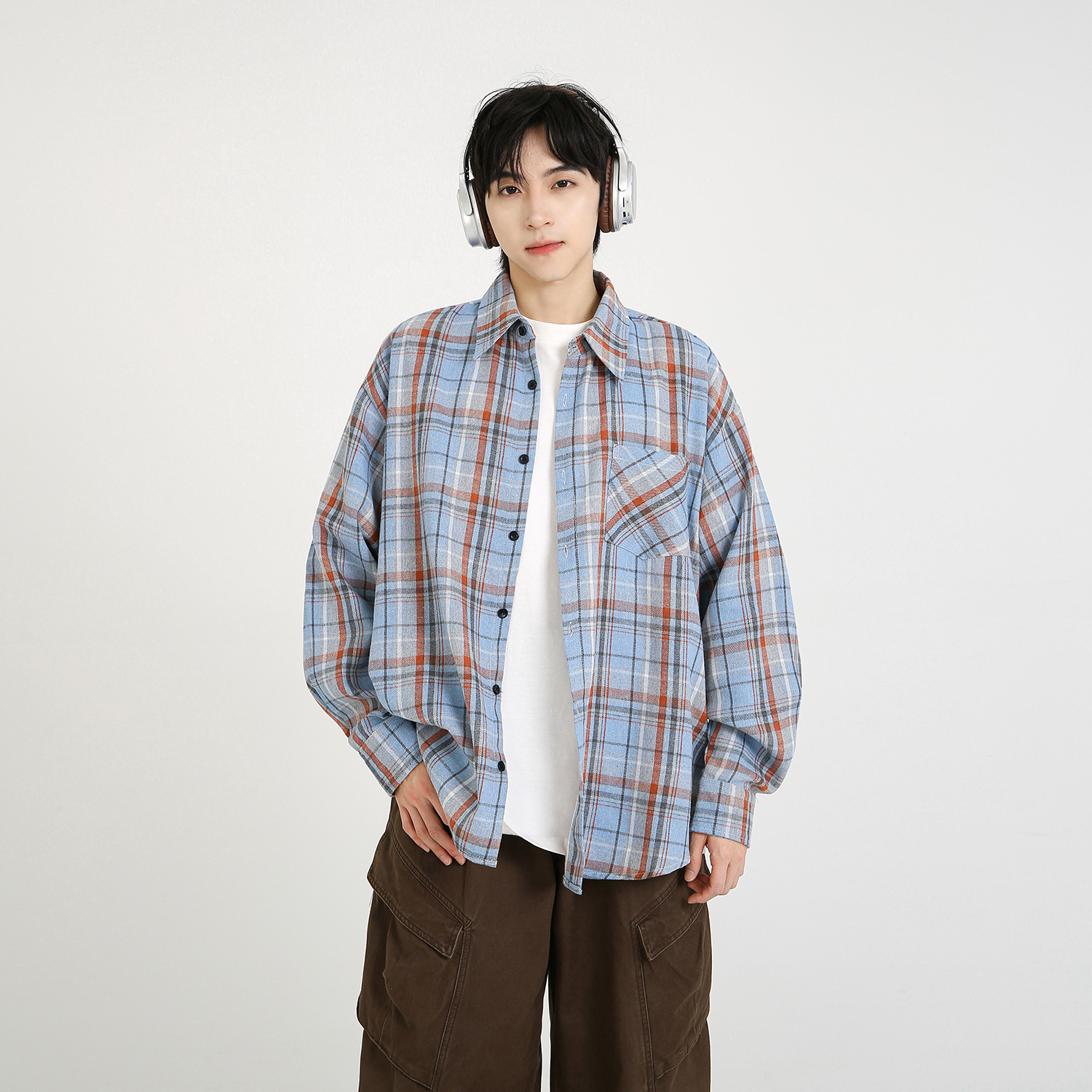 NineteenAutumn磨毛格子衬衫美式宽松休闲长袖衬衣情侣装男女同款