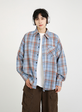 NineteenAutumn磨毛格子衬衫美式宽松休闲长袖衬衣情侣装男女同款