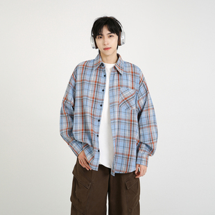 NineteenAutumn磨毛格子衬衫美式宽松休闲长袖衬衣情侣装男女同款