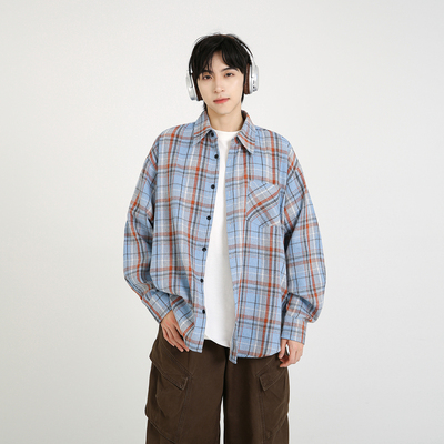 NineteenAutumn磨毛格子衬衫美式宽松休闲长袖衬衣情侣装男女同款