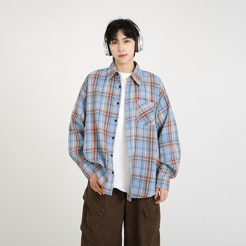 NineteenAutumn磨毛格子衬衫美式宽松休闲长袖衬衣情侣装男女同款