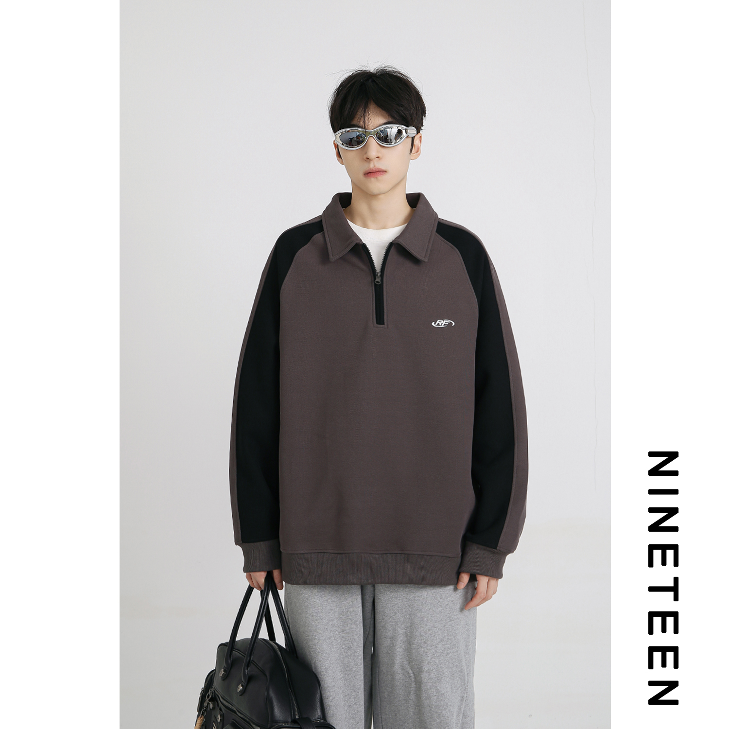 潮牌套头翻领半拉链卫衣男