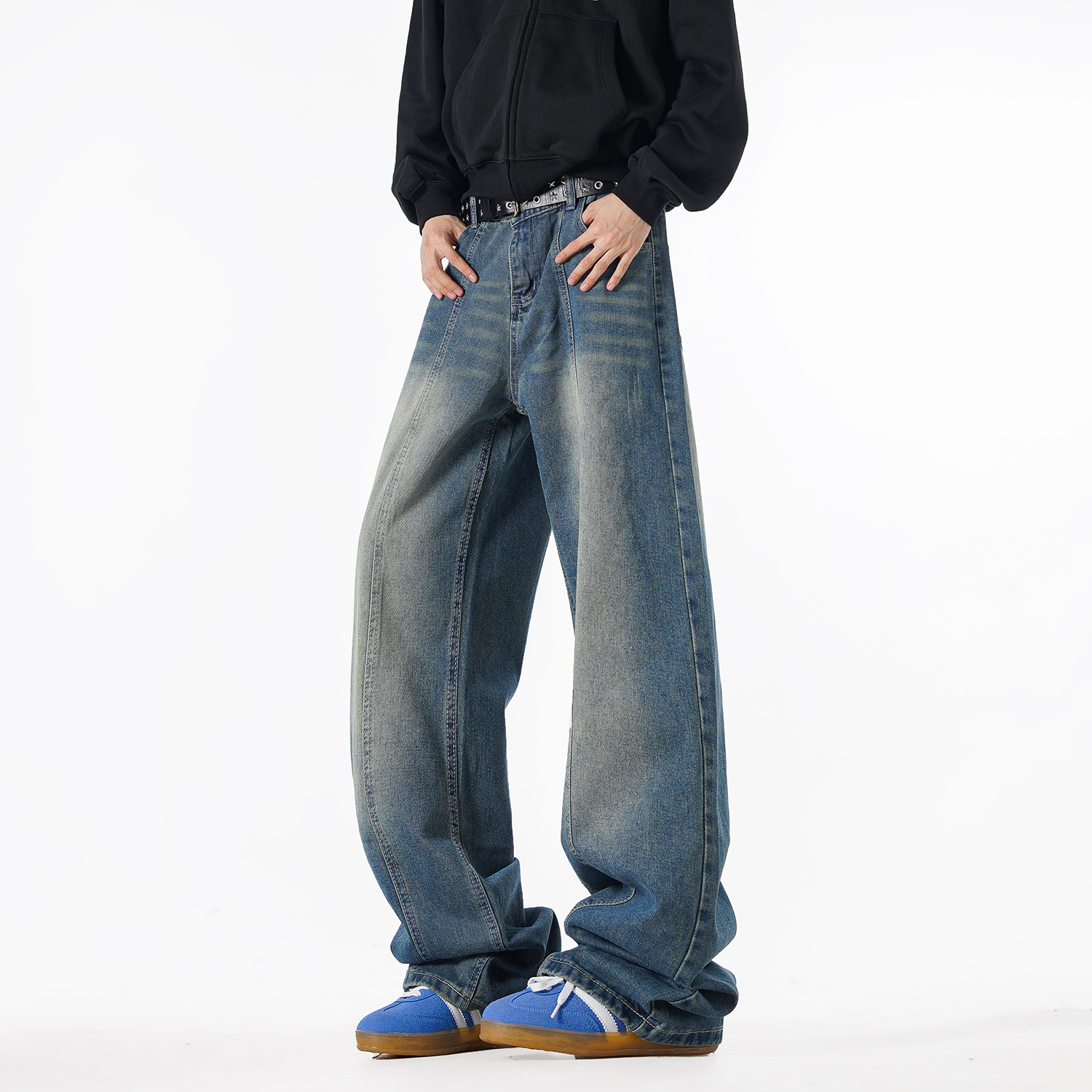 NineteenAutumn美式复古水洗弯刀牛仔裤解构廓形宽松直筒阔腿长裤