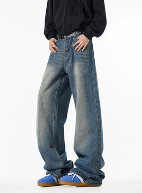 NineteenAutumn美式复古水洗弯刀牛仔裤解构廓形宽松直筒阔腿长裤