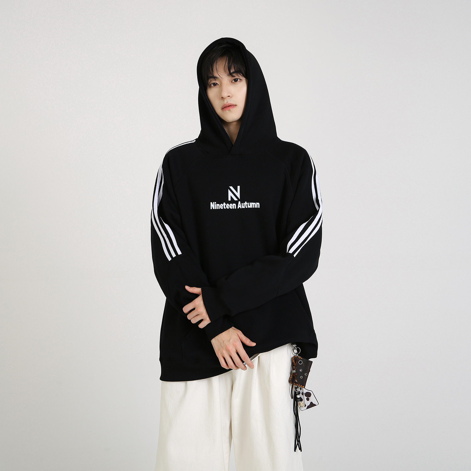 NineteenAutumn重磅情侣连帽衫三条杠宽松卫衣男女同款休闲外套潮