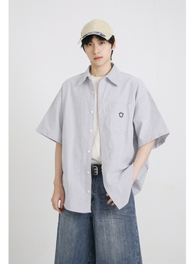 十九秋/ 2025夏季新款日系笑脸刺绣条纹短袖衬衫宽松衬衣情侣男女