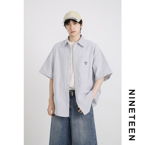 笑脸刺绣条纹短袖衬衫男女