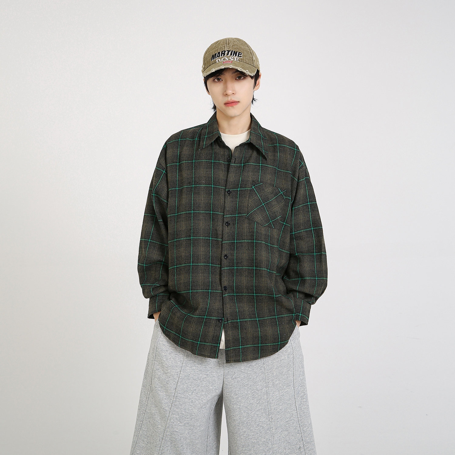 NineteenAutumn 男生日系复古磨毛格子衬衣宽松外套美式长袖衬衣