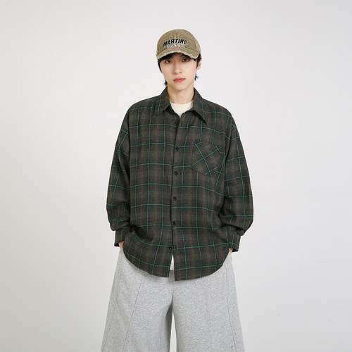 NineteenAutumn 男生日系复古磨毛格子衬衣宽松外套美式长袖衬衣