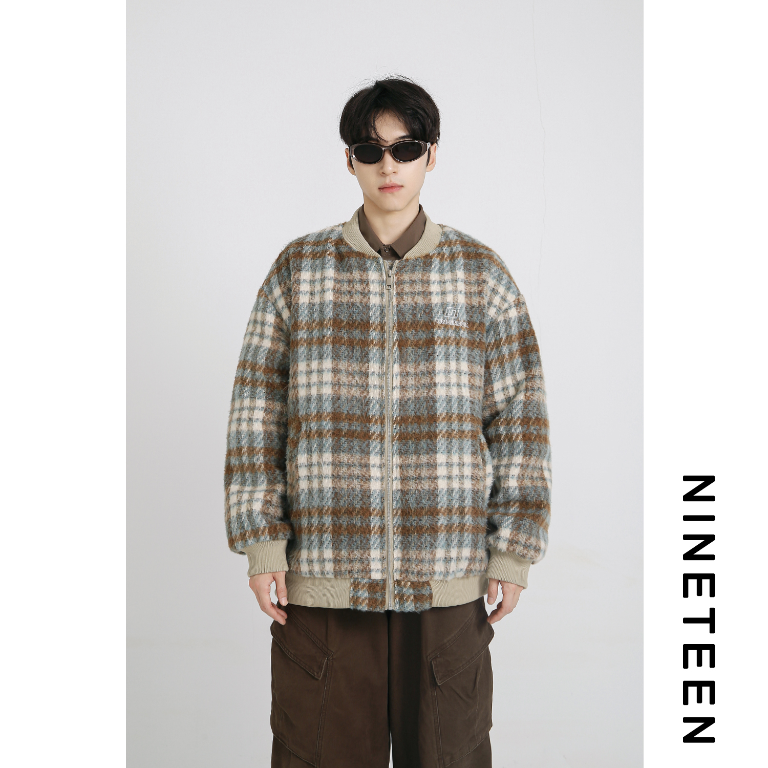 潮牌毛呢格子棒球服棉衣
