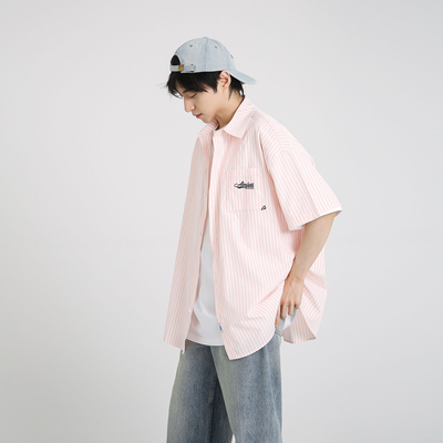 十九秋/ 2025新款夏装条纹短袖衬衫学生男女同款宽松刺绣半袖衬衣