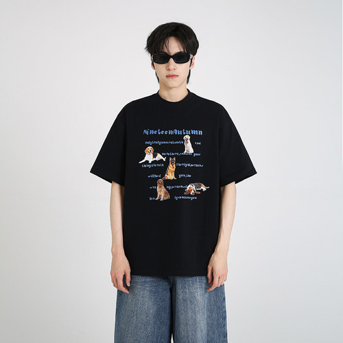 NineteenAutumn 美式复古潮牌狗狗印花短袖T恤宽松男女同款半袖