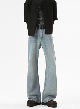 NineteenAutumn复古微喇水洗做旧脏白色弯刀牛仔裤男女宽松直筒裤