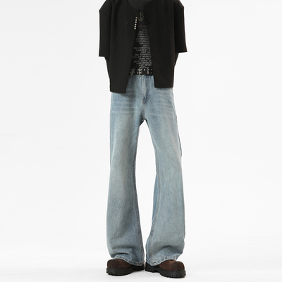 NineteenAutumn复古微喇水洗做旧脏白色弯刀牛仔裤男女宽松直筒裤