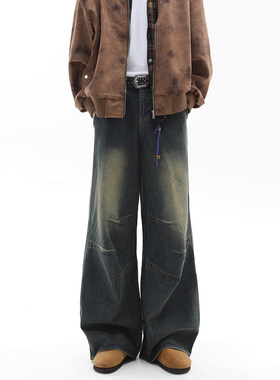 NineteenAutumn解构设计款直筒宽松牛仔裤复古水洗做旧长裤潮牌男