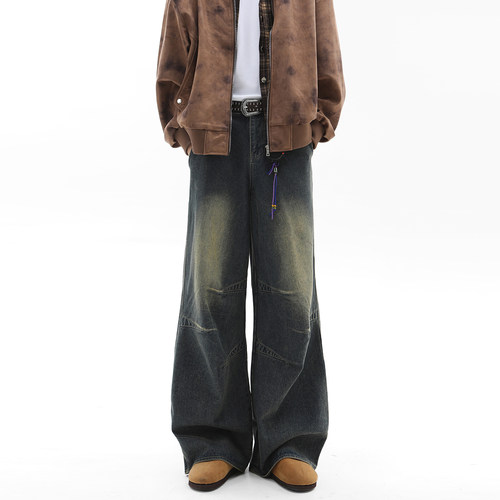 NineteenAutumn解构设计款直筒宽松牛仔裤复古水洗做旧长裤潮牌男