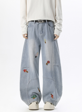 NineteenAutumn 美式牛仔裤刺绣设计宽松潮流男女同款拖地长裤潮