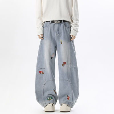 NineteenAutumn 美式牛仔裤刺绣设计宽松潮流男女同款拖地长裤潮