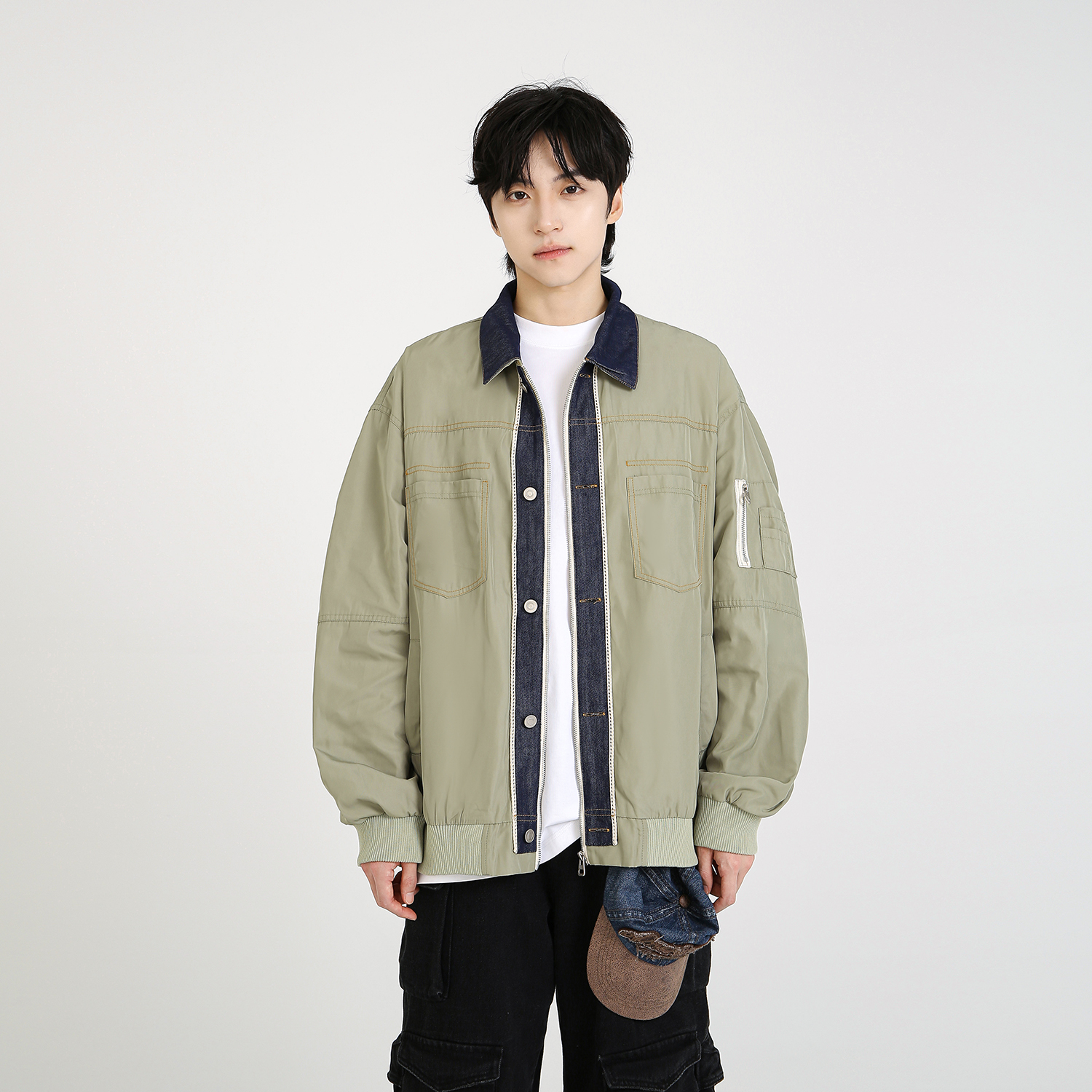 NineteenAutumn秋季新款拼接牛仔工装风翻领假两件夹克宽松外套男