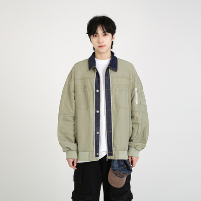 NineteenAutumn秋季新款拼接牛仔工装风翻领假两件夹克宽松外套男