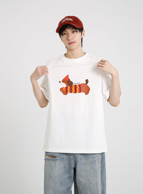 十九秋/2025夏季新款美式重磅260g腊肠狗印花宽松短袖T恤男女同款