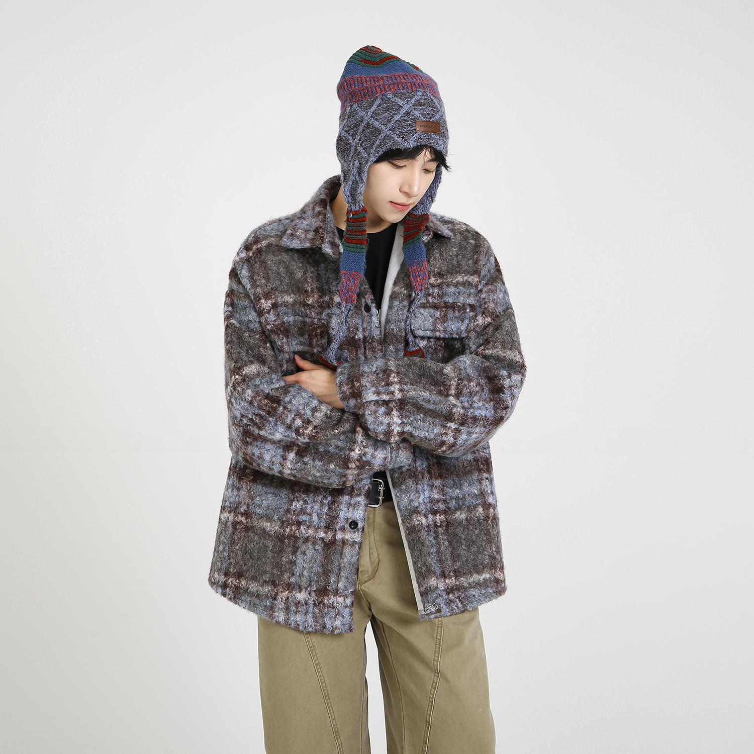 NineteenAutumn美式设计感格子毛呢外套男女宽松廓版翻领夹克情侣