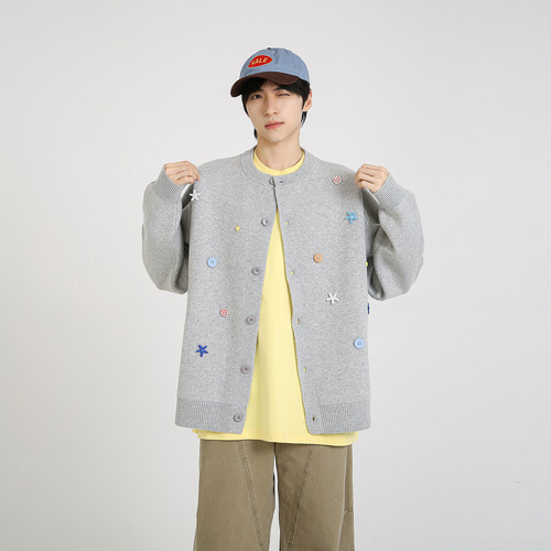 NineteenAutumn秋冬圆领单排扣长袖开衫毛衣趣味学生针织衫男女