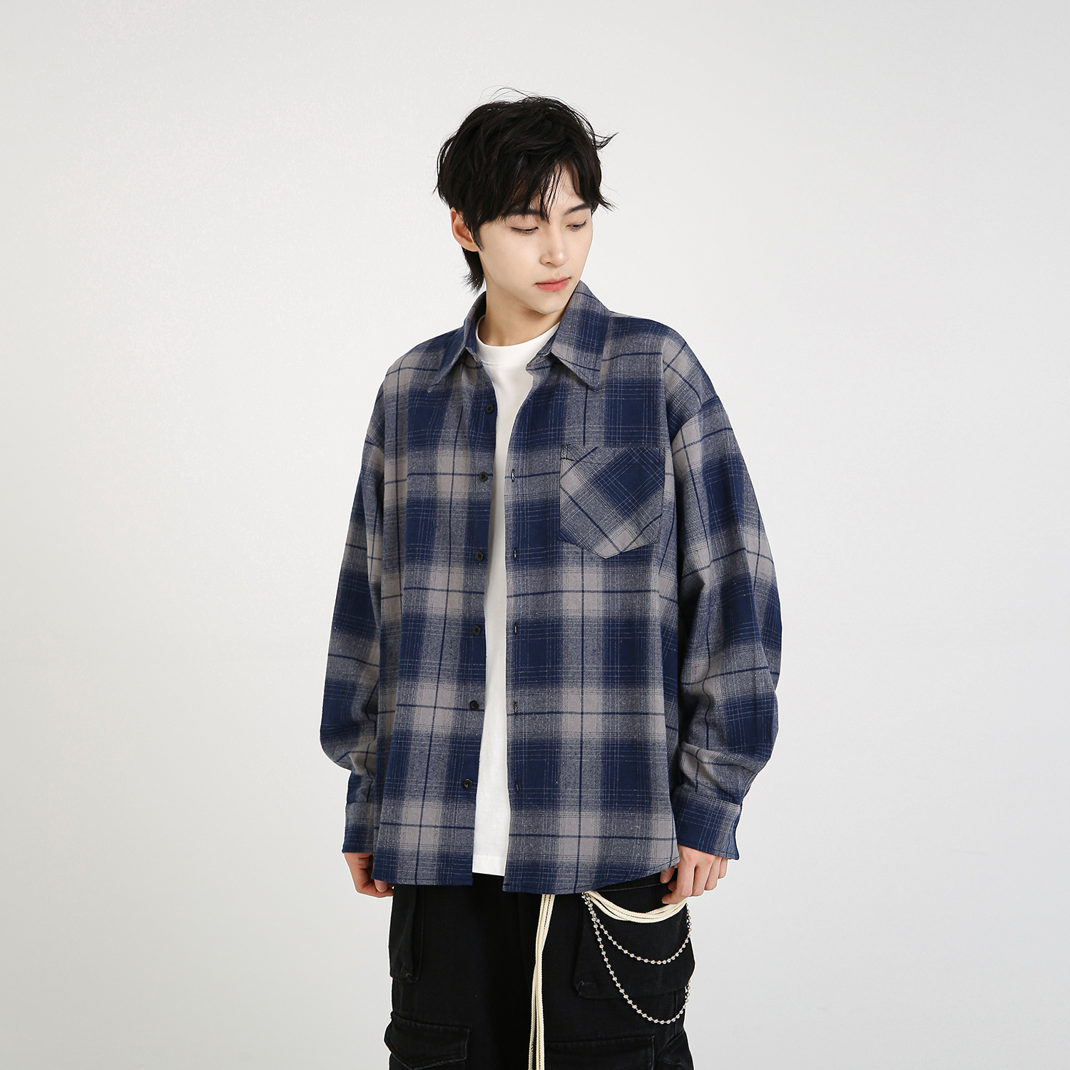 NineteenAutumn秋季美式做旧撞色格纹衬衫宽松长袖衬衣外套上衣男