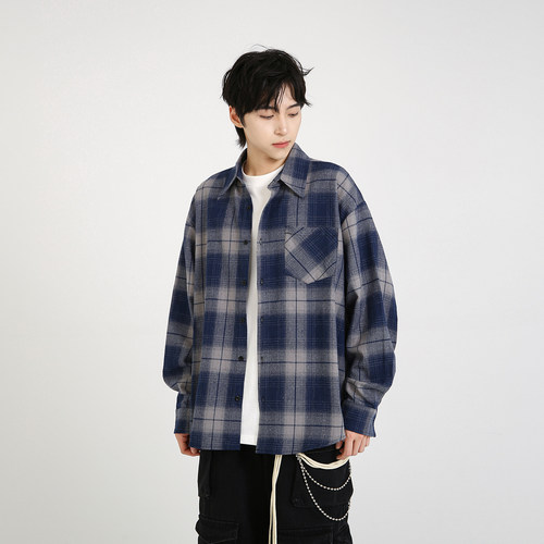 NineteenAutumn秋季美式做旧撞色格纹衬衫宽松长袖衬衣外套上衣男