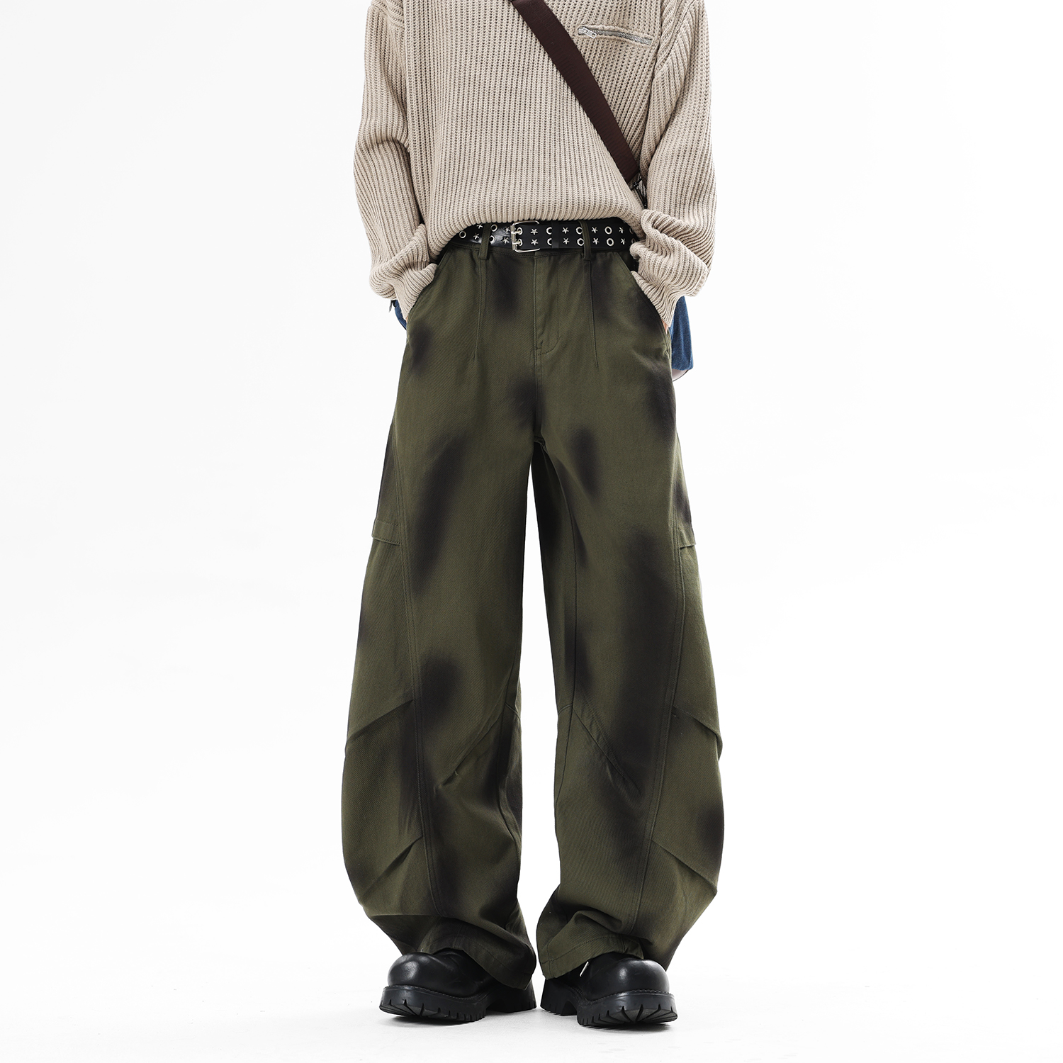 NineteenAutumn美式高街休闲裤潮牌褶皱设计工装裤脏染宽松阔腿裤