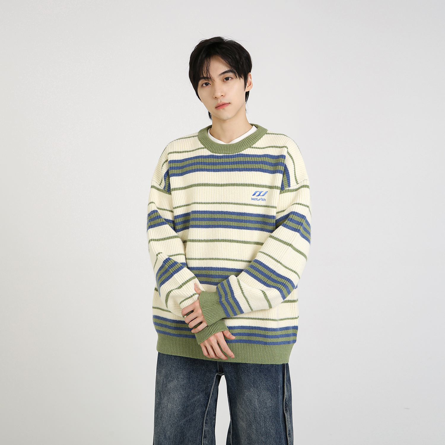 NineteenAutumn美式条纹情侣针织衫毛衣复古撞色圆领百搭上衣男女