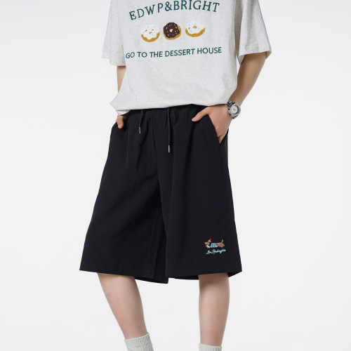 刺绣腊肠狗宽松直筒休闲短裤