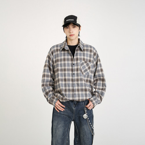 NineteenAutumn渐变格子衬衫宽松阔版休闲上衣长袖衬衣复古美式男