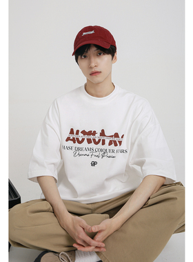 十九秋/2025夏装新款美式潮牌印花280g短袖T恤宽松休闲上衣男生