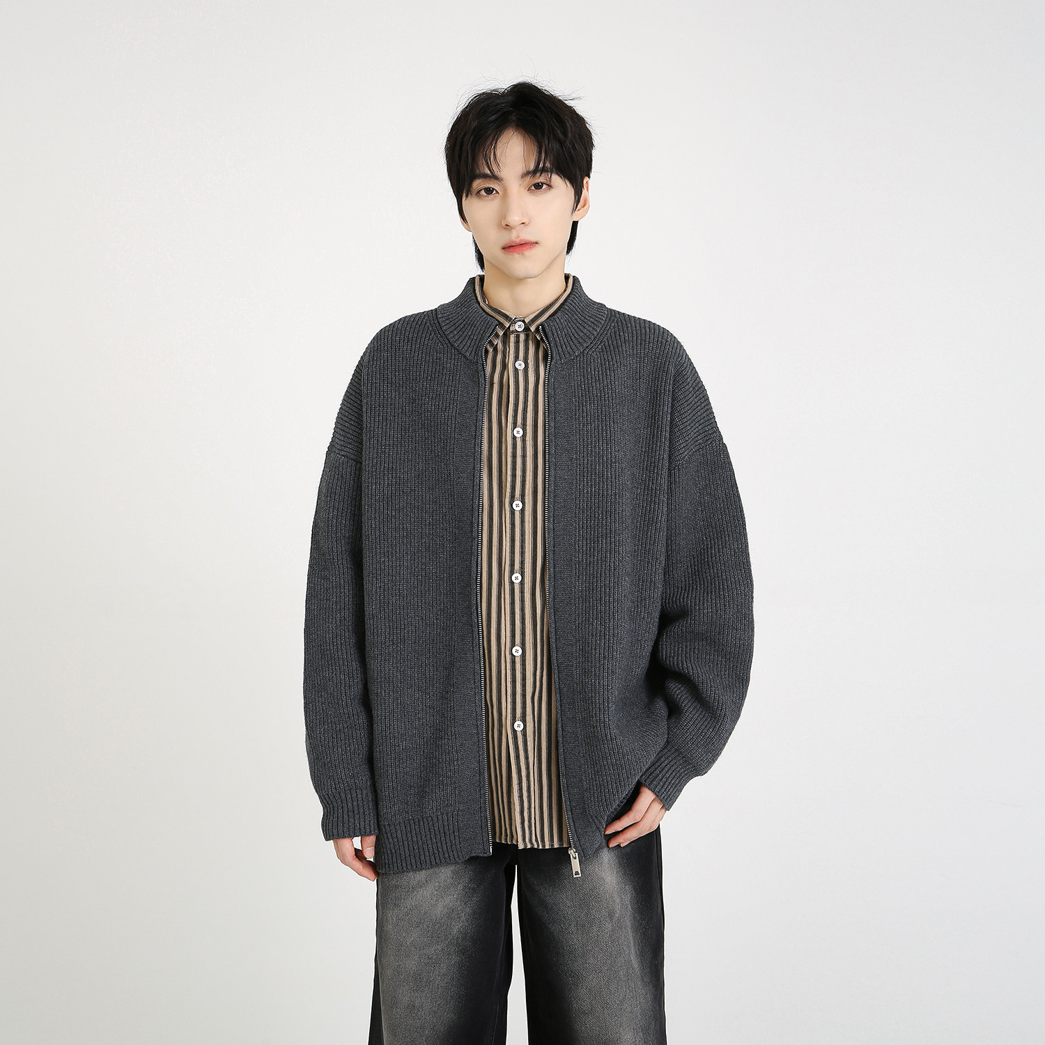 NineteenAutumn 男士基础宽松开衫毛衣复古慵懒风立领针织衫外套