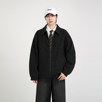 NineteenAutumn美式复古翻领毛呢外套解构设计宽松呢子休闲夹克男