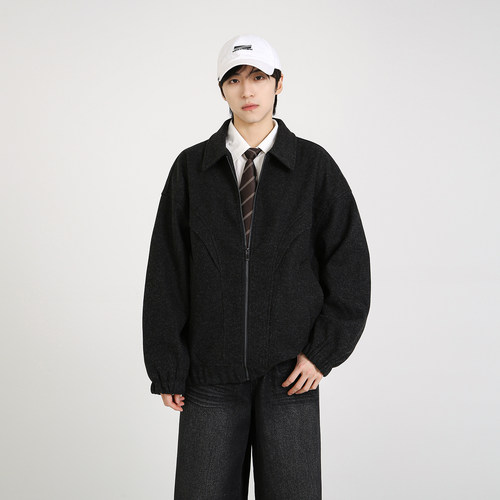 NineteenAutumn美式复古翻领毛呢外套解构设计宽松呢子休闲夹克男