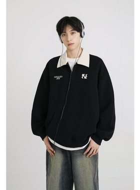 十九秋/秋季美式潮牌翻领半拉链卫衣宽松套头日系复古男生上衣