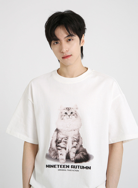 NineteenAutumn 小猫印花短袖T恤宽松男女同款情侣夏季半袖潮牌