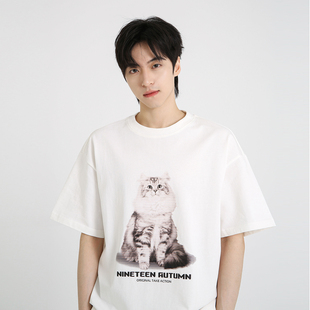 情侣夏季 NineteenAutumn 小猫印花短袖 T恤宽松男女同款 潮牌 半袖