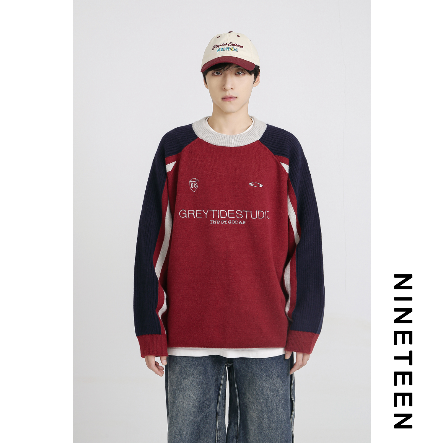 美式复古毛衣宽松撞色针织衫