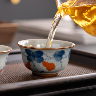 冰花汝窑手绘品茗杯家用功夫喝茶杯主人杯开片可养小茶杯单个小号