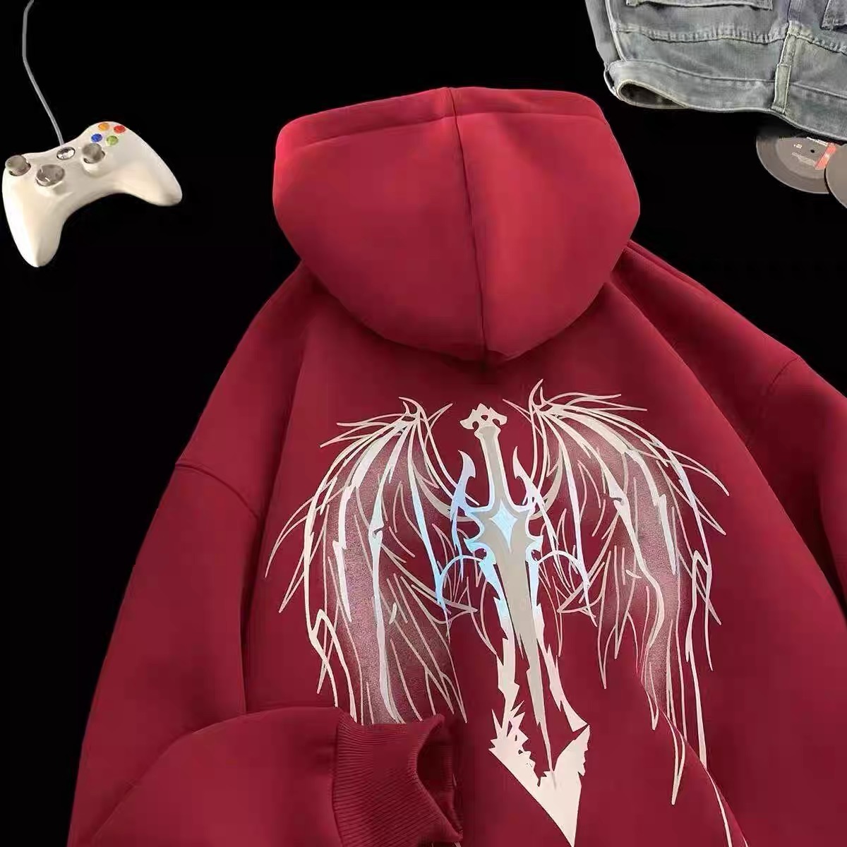 青少年慵懒秋冬初高中女生天使翅膀双面印花连帽带兜运动百搭卫衣