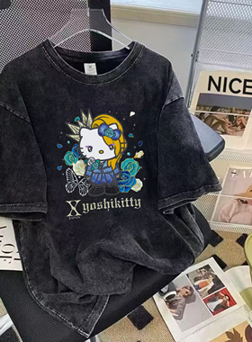 X乐队yoshiKitty印花短袖T恤男女童2025夏季新款水洗黑上衣