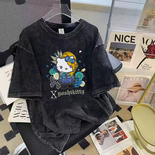 X乐队yoshiKitty印花短袖T恤男女童2025夏季新款水洗黑上衣